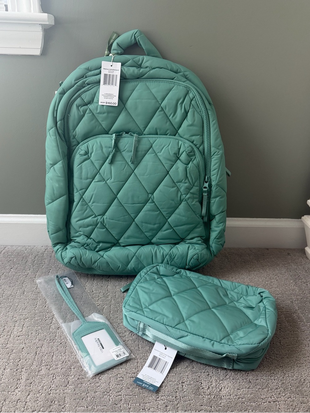 Vera Bradley Westover Hybrid Backpack, Hanging Organizer & Tag Beryl Green NWT